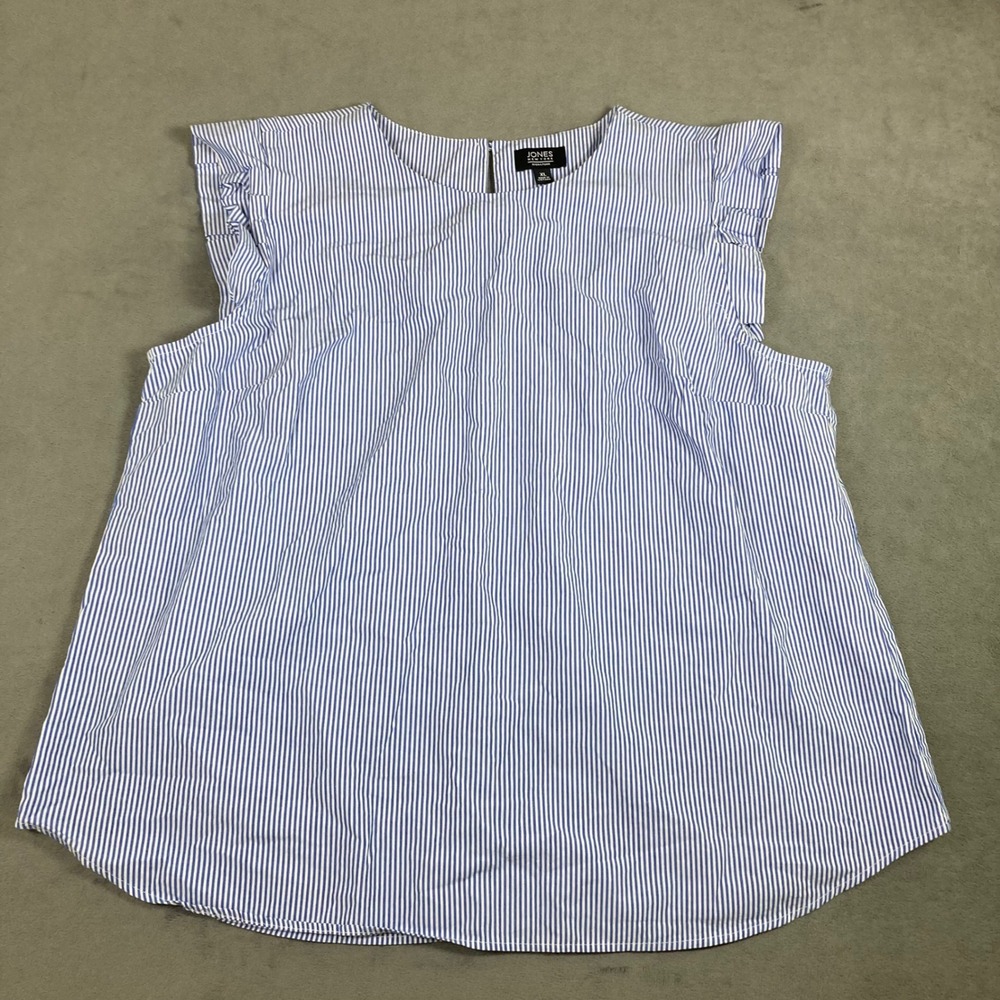 Jones New York Signature Womens XL Blue White Striped Ruffle Sleeve Cotton Top